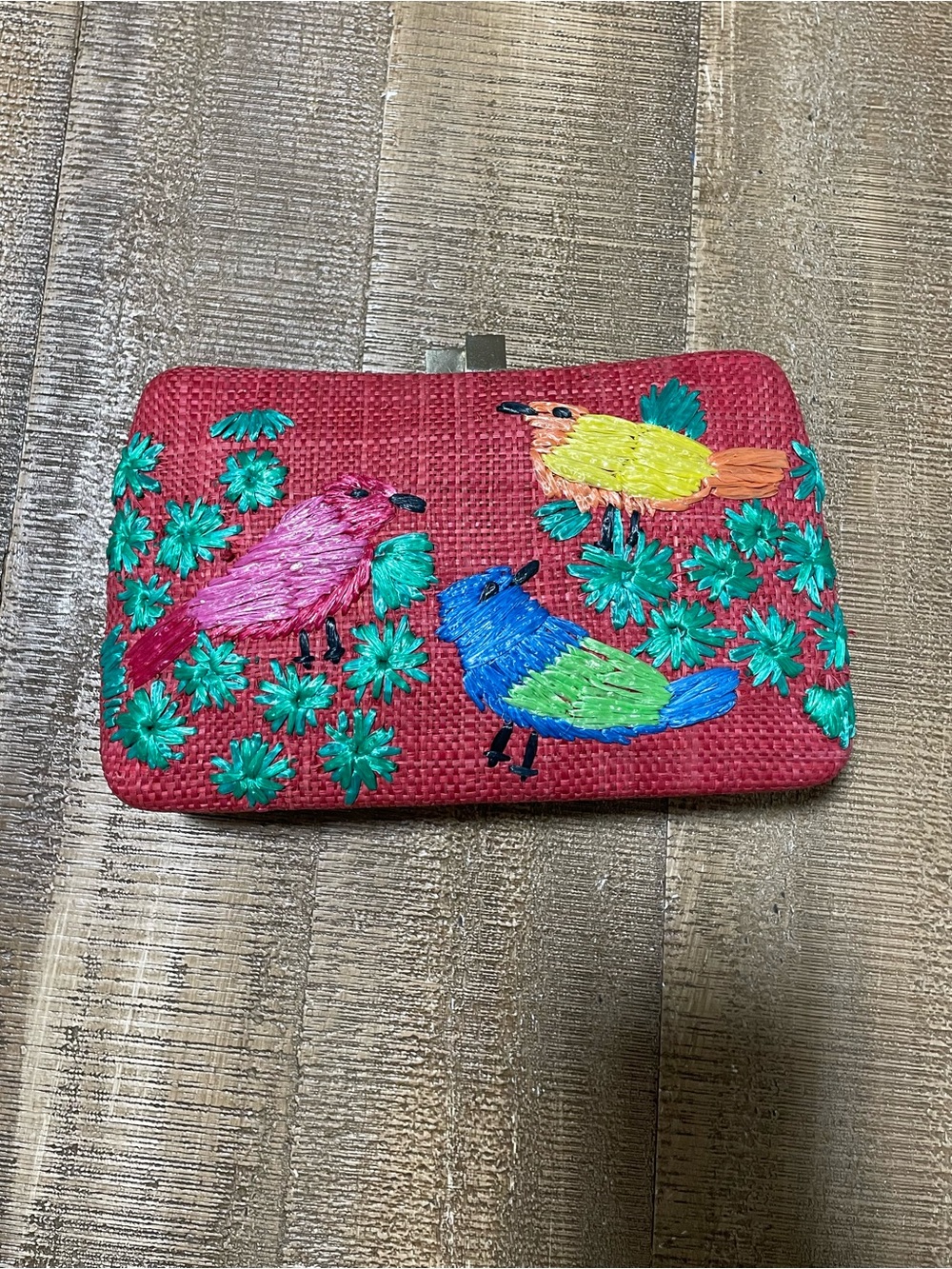 Serpui Colorful Bird Embroidered bird clutch bag with optional chain